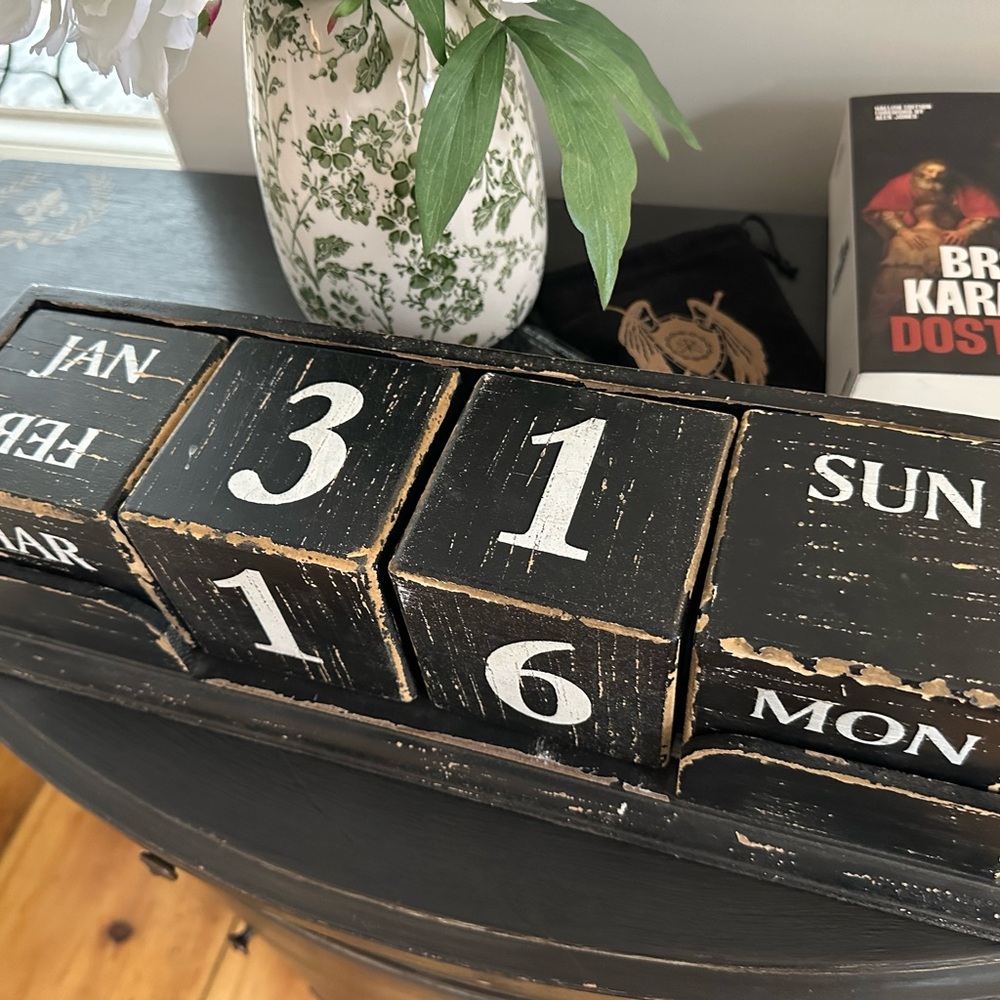 Rustic Black Perpetual Block Calendar with White Lettering - Picture 2 of 7